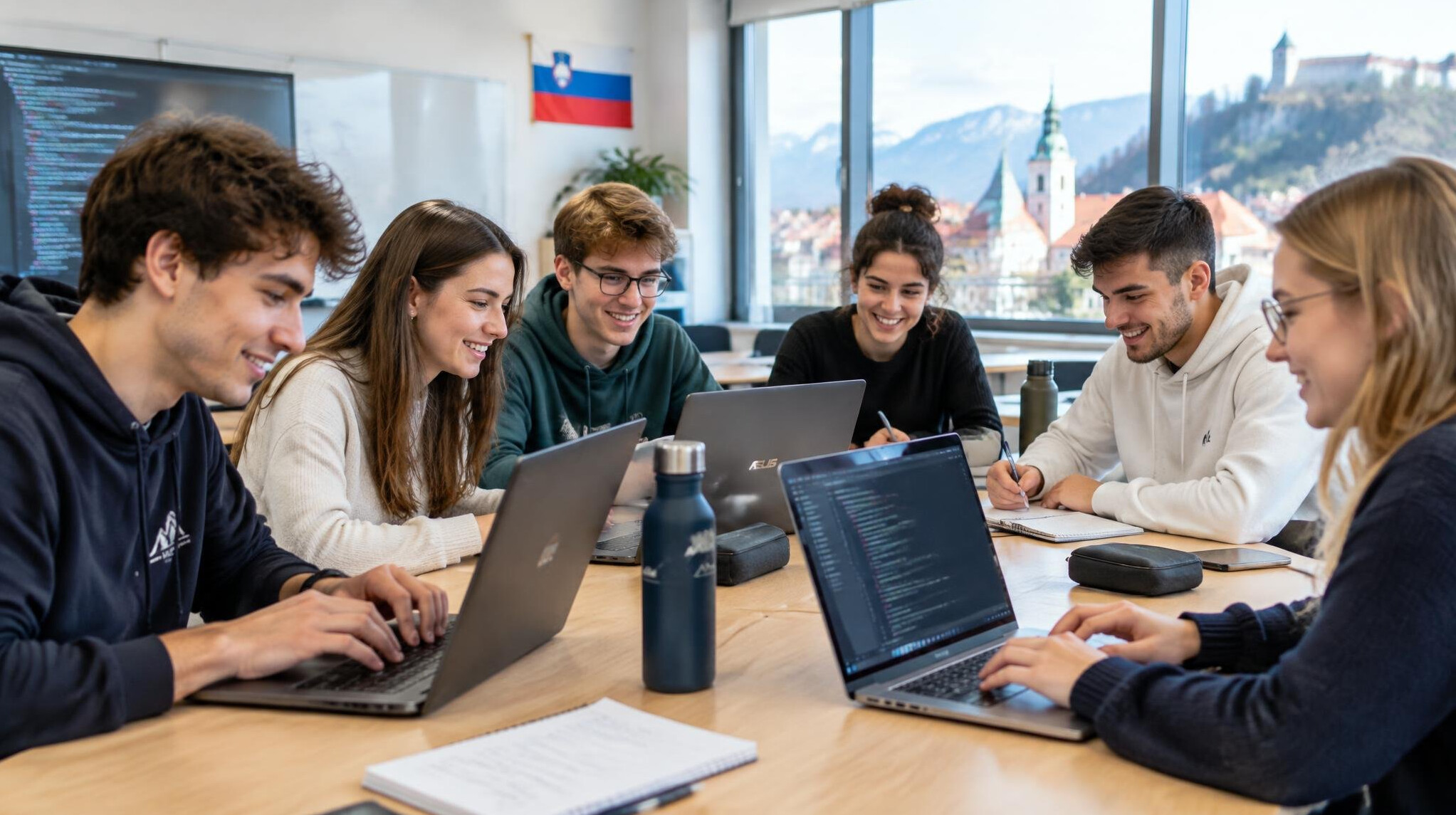Group of young students coding together on laptops in a bright classroom