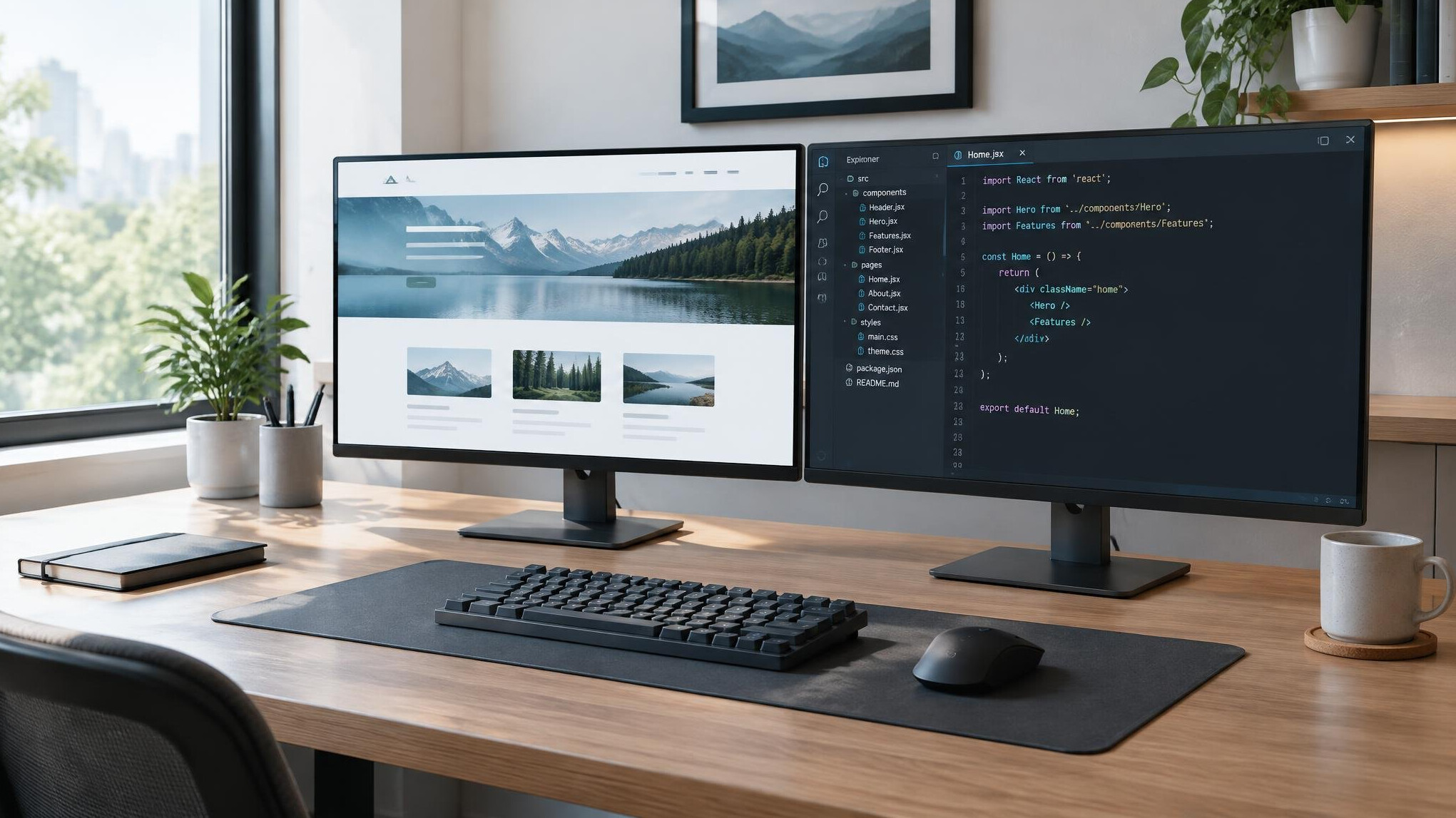 Dual monitor web development workspace