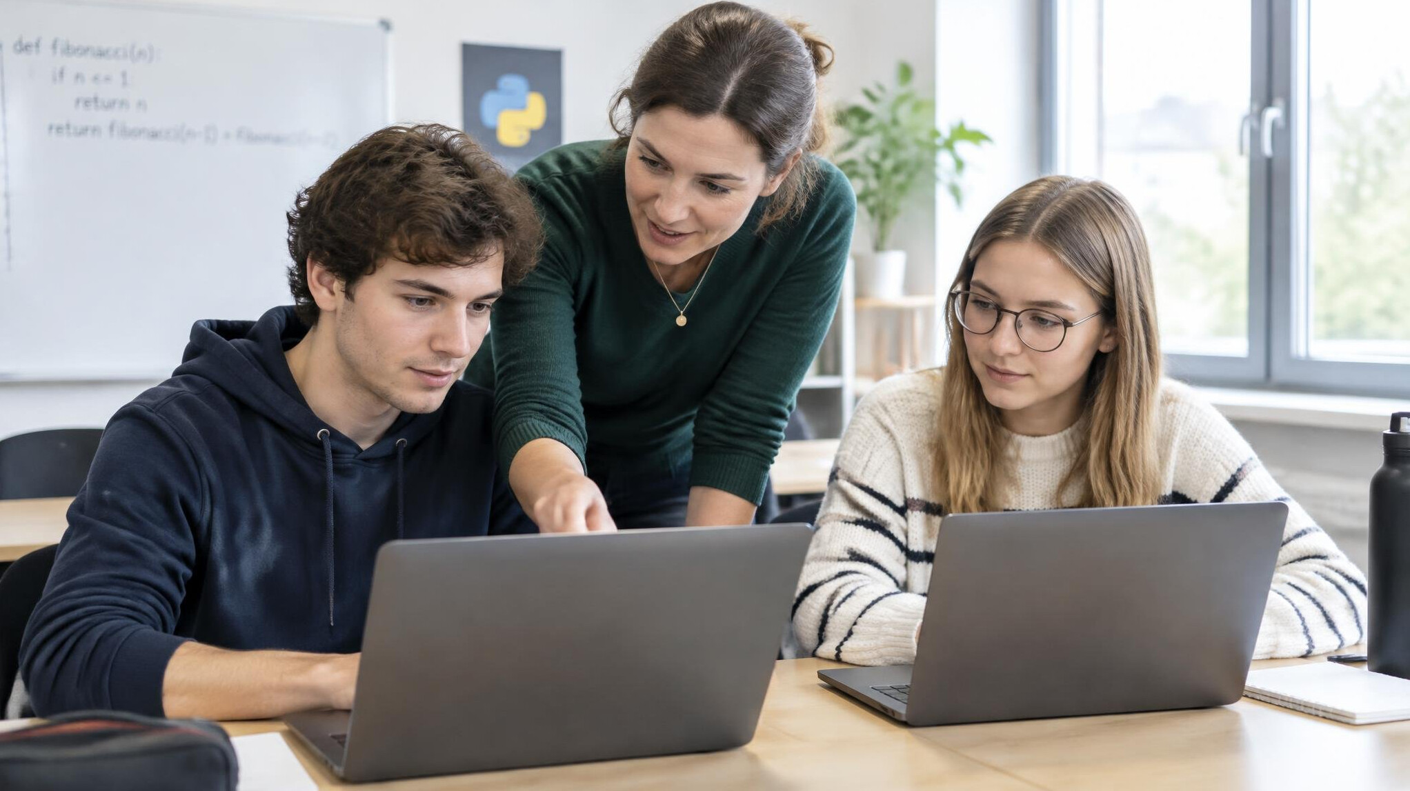 Instructor teaching a small group of students at desks