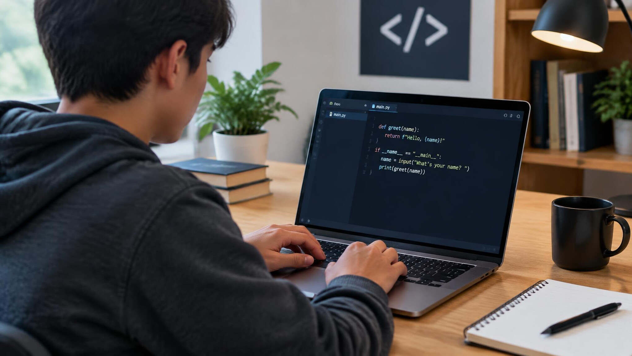 beginner typing code on laptop