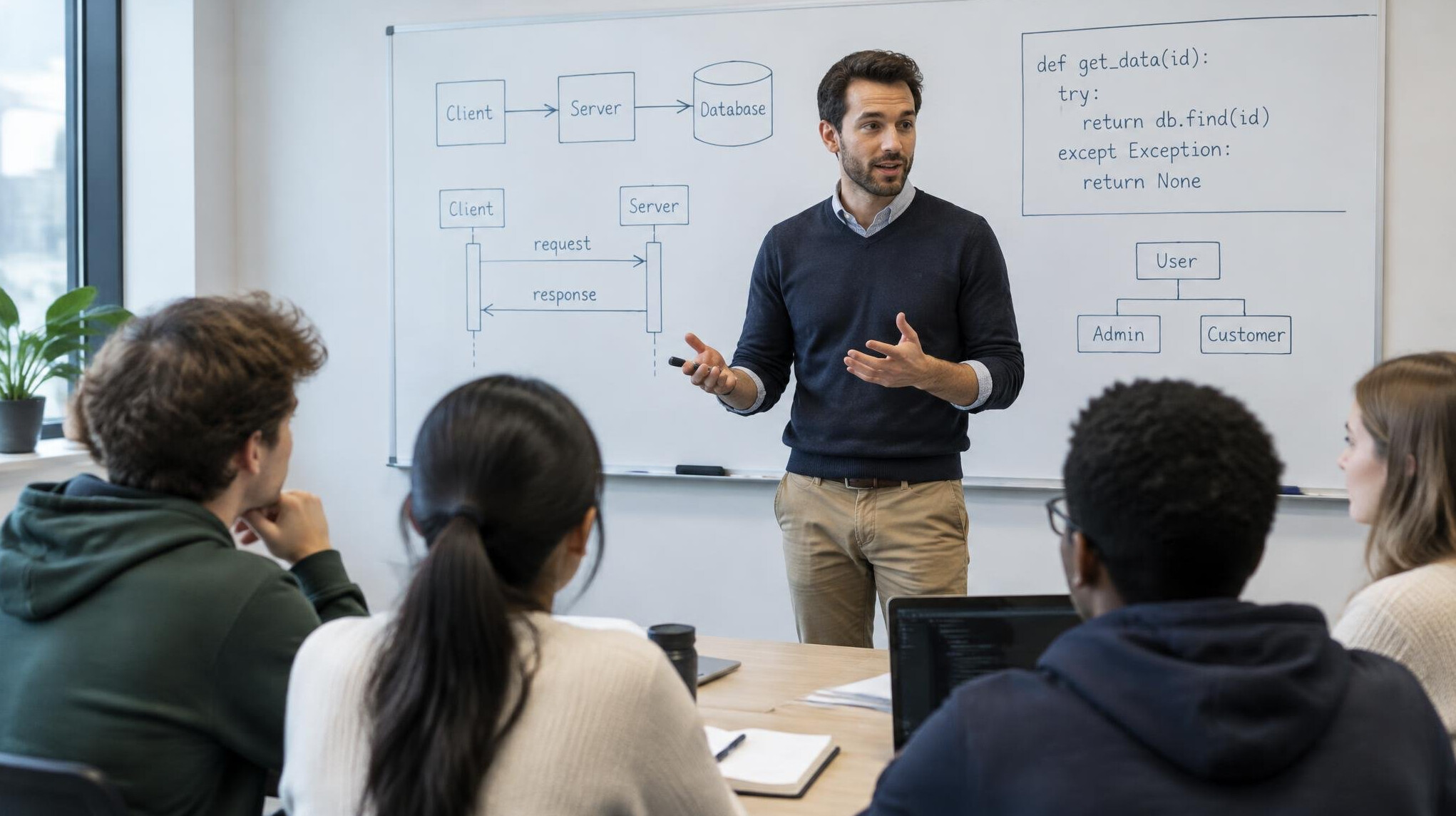 Mentor explaining code on a whiteboard to students