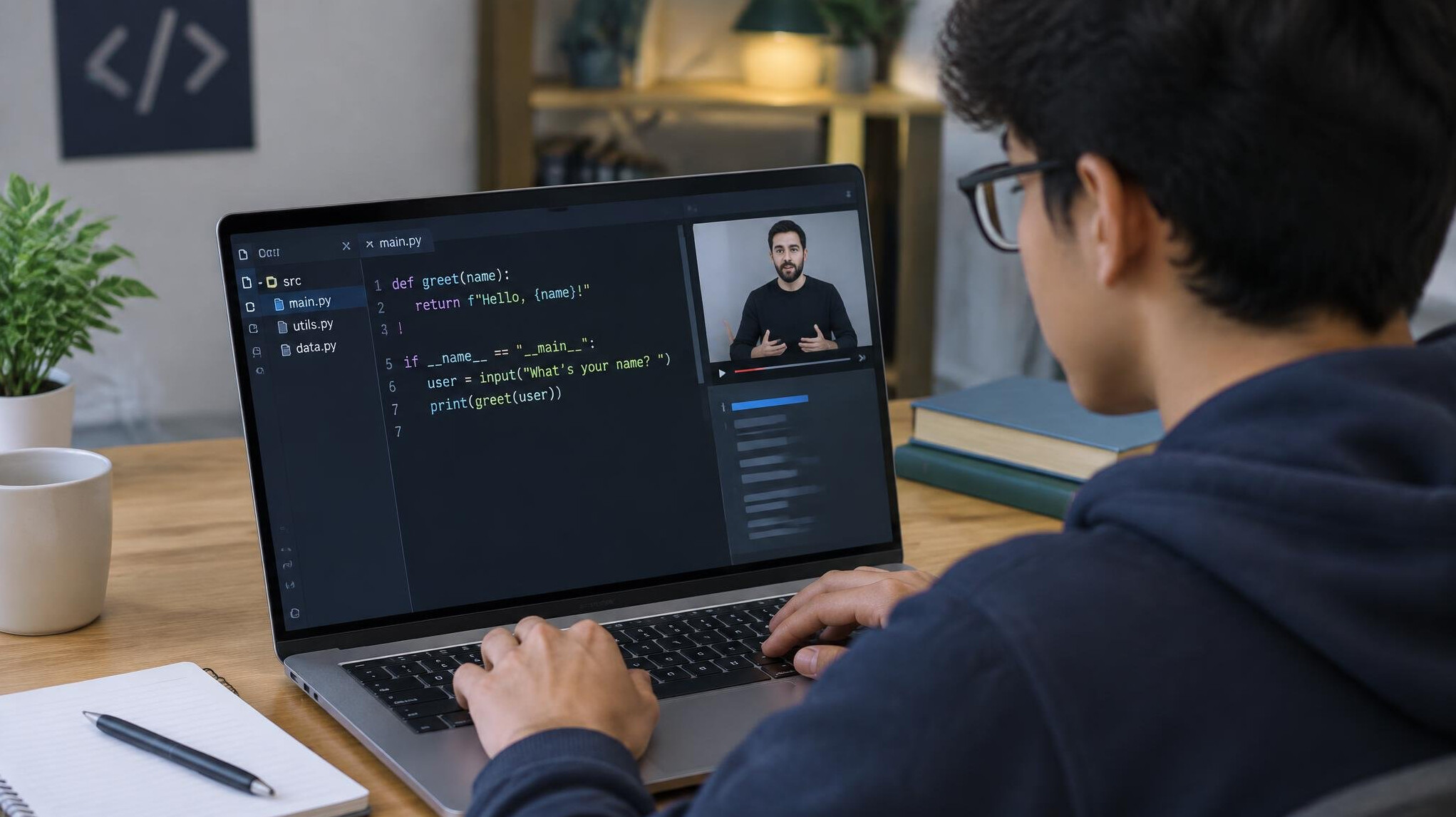 young person coding on laptop