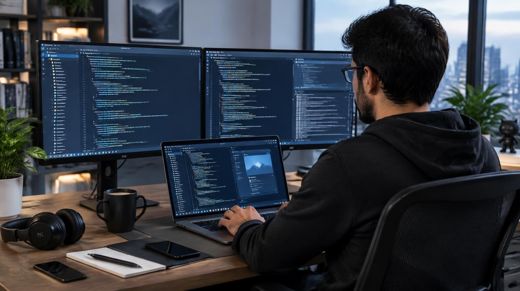 developer working on multiple screens