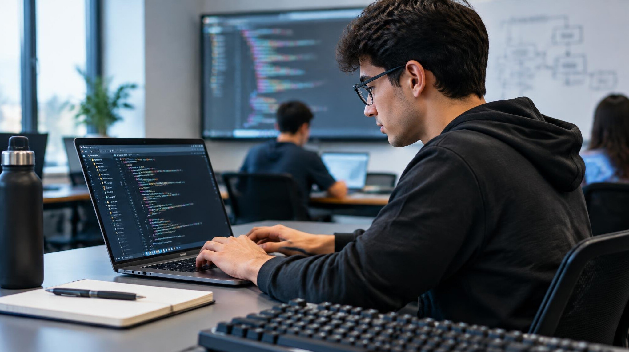 young man coding on laptop