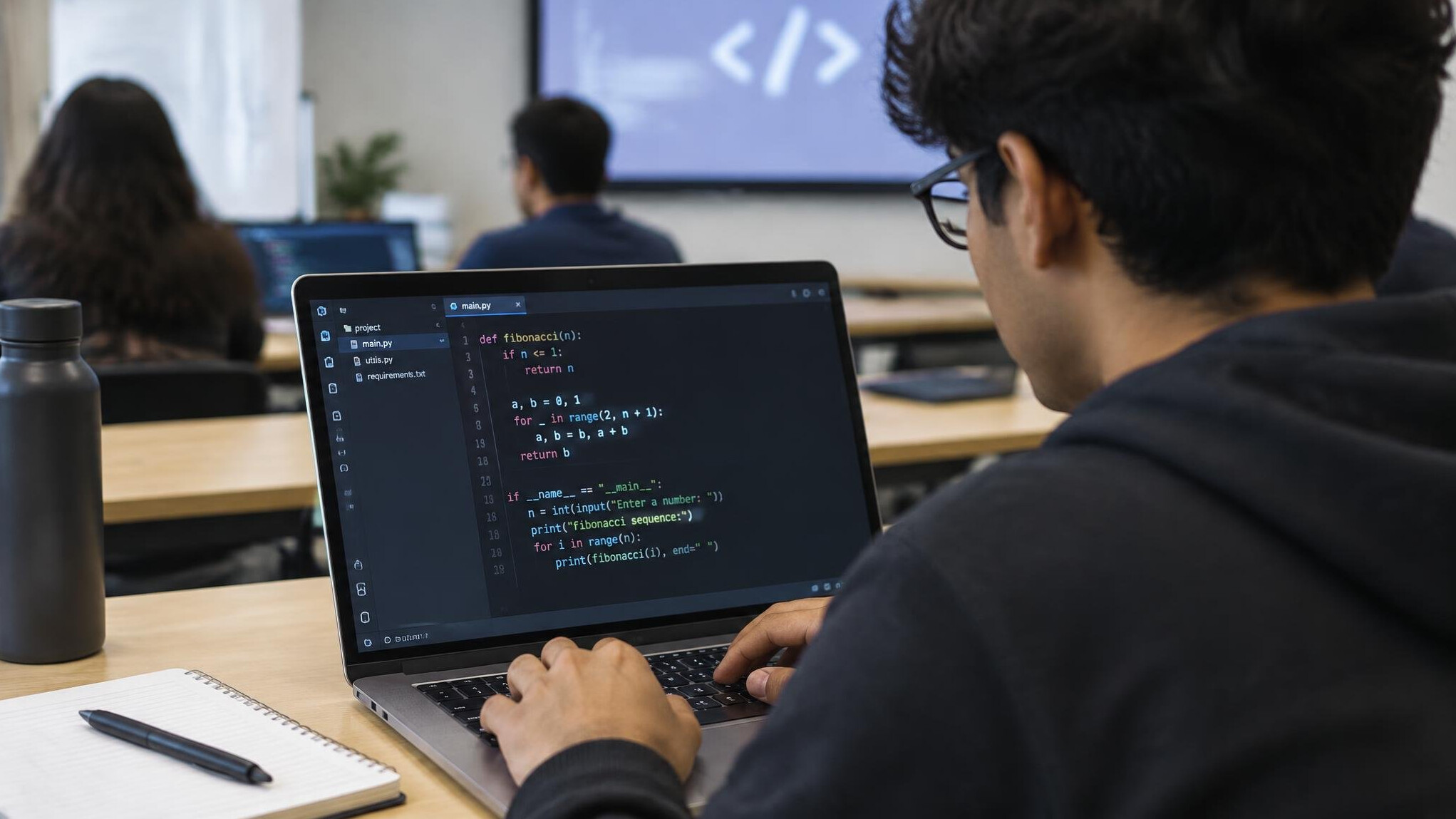 student coding on laptop