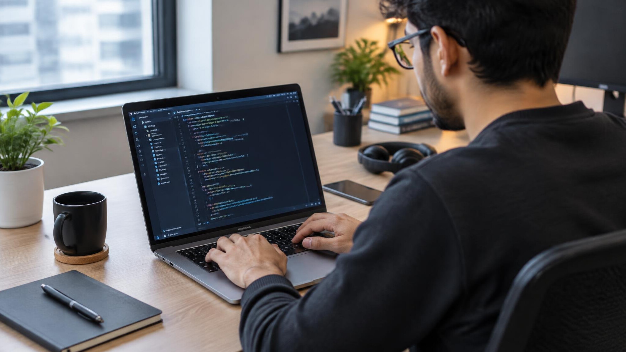 person writing code on laptop